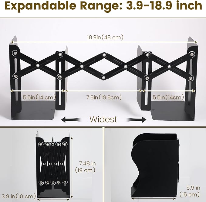 2 Pack Adjustable Bookends for Heavy Books - Expandable Book Ends to Hold Books Heavy Duty, Metal Book Organizer with Anti-Slip Design for Shelves, Desk & Office (Black)