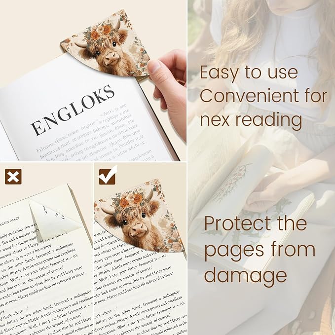 Cute Highland Cow Corner Bookmarks, Funny Leather Book Accessories for Book Lovers, 3 Pcs Reading Book Page Markers for Women Men Student Teacher Retirement Birthday Gifts