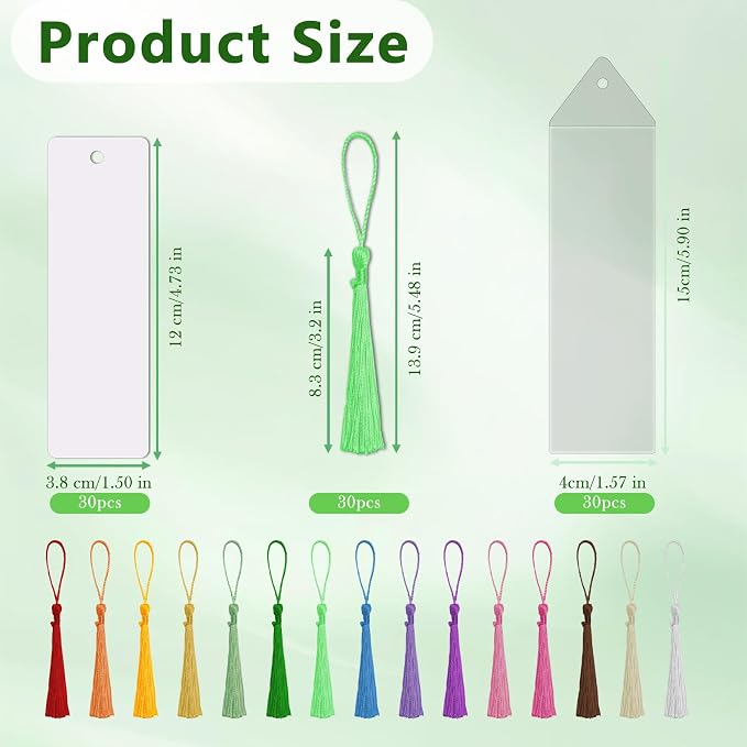 30 Sets Blank Sublimation Bookmarks Double Sided with Clear Bookmark Sleeves and Colorful Tassels for Crafts Heat Transfer Aluminum Metal DIY Bookmarks with Hole for Gifts