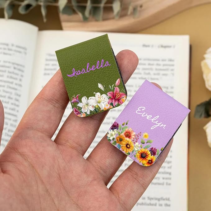 Personalized Magnetic Bookmark with Name, Custom Leather Bookmark for Readers, Customized Bookmark Gifts for Book Lovers, Birthday, Christmas, Women, Book Accessory (Birth Flower Shrubs)