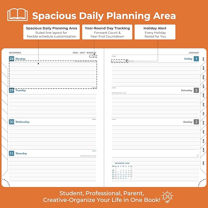 Weekly Monthly 2026-2027 Planner (July 26-Dec 27),8.5"x6.5",18 Months Agenda Plan with Month Tabs & Pocket,Expenses/Note Pages, Academic Calendar with Vegan Leather Cover,Orange