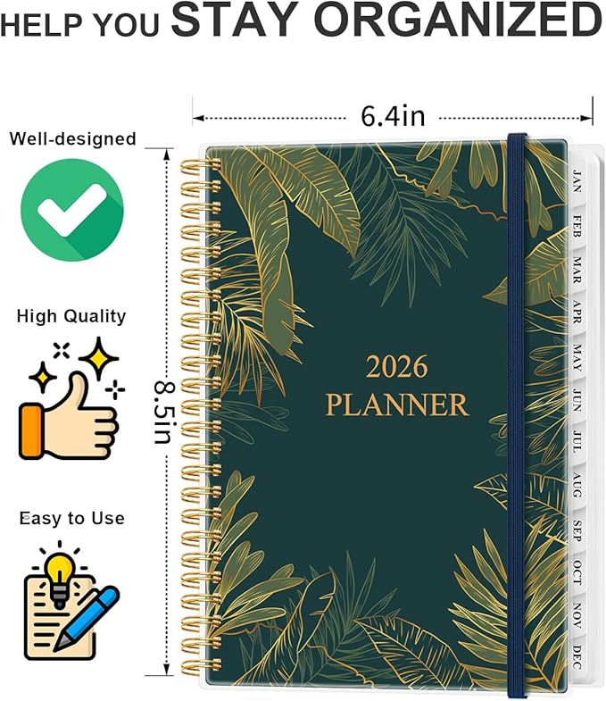Planner 2026 - Weekly & Monthly Planner from January 2026 to December 2026, Agenda 2026 with Inner Pocket, Elastic Band, 6.4" x 8.5", Green Gold Leaf