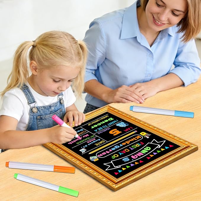 First Day of School Sign,11.69”x8.27” Back to School Supplies Board for Kindergarten, Preschool Supplies Decorations Reusable Photo Prop for Kids with Liquid Chalk Markers(A Frame)