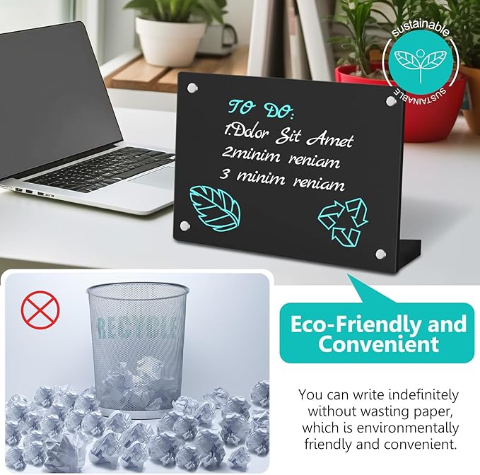 2PCS Black Acrylic Weekly Dry Erase Board with Stand for Desk, 12x8 Small Desktop Whiteboard Magnetic Fridge Calendar Memo Board, Daily Planner Blackboard Easel for Office, School