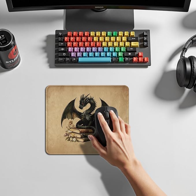 Vintage Book Lover Dragon Mouse Pad, Black Baby Dragon Mouse Pad for Book Readers, Fantasy Desk Accessory for Home Office Computers Laptop, Bookish Gift for Reading Lovers, 9.5x7.9 Inch