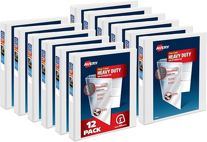 Avery Heavy-Duty View 3 Ring Binder, 1 Inch One Touch Slant Rings, 250-Sheet Capacity, DuraHinge, 1.4 Inch Wide Spine, Customizable Clear Cover and Spine, White Binder (12-Pack of 79799)