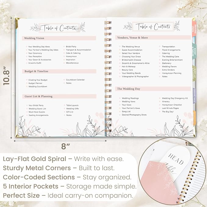 Boho Wedding Planner Book and Organizer, Bridal Wedding Planning Binder with Tabs, Pockets, Checklists, Calendars, Engagement Gift for Newly Engaged Couples, 8x10.8"