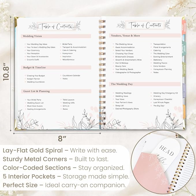 Minimalist Wedding Planner Book and Organizer, Bridal Wedding Planning Binder with Tabs, Pockets, Checklists, Calendars, Engagement Gift for Newly Engaged Couples, 8x10.8"