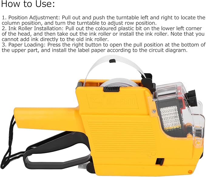 Price Tag Gun, 10 Digits 2 Lines Labeler Marker Attacher Tool for Office Retail Store 2 Row Price Tag Gun Kit with Label Stickers and Ink Rolls (Yellow)