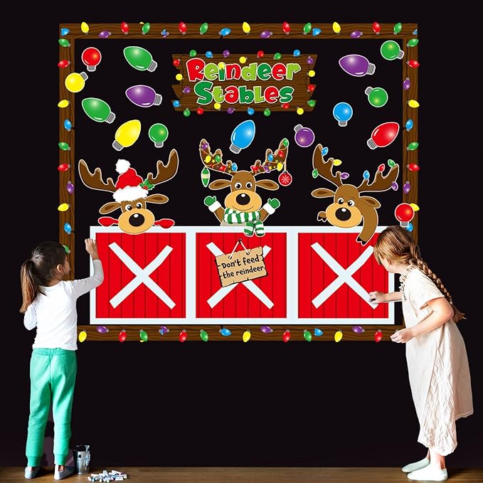 Christmas Bulletin Board Decorations Set Xmas Reindeer Stable Classroom Decor Xmas Bulb Elk Paper Cutouts with Borders for Door Wall School Classroom Winter Holiday Party Supplies