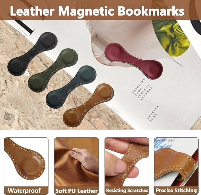 Jiozermi 4 Pcs Magnetic Bookmarks, Double-Sided Magnetic Bookmark Clips Leather Magnetic Bookmarks for Women Book Lover Readers Kids Teacher Student(Dark Colour)