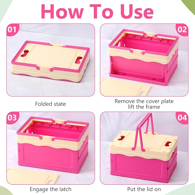 2 Pcs Pastel Plastic Collapsible Storage Crates with Lids and Handle Collapsible Picnic Basket Stackable Storage Bins Cute Foldable Container for Home Kitchen Office Bathroom(Pink,Hot Pink)