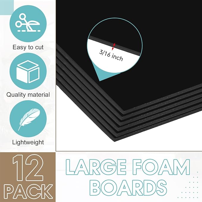 Kathfly 12 Pack Large Black Foam Boards 30 x 40 x 3/16" Thick Acid Free Foam Core Board Double Sided Rigid Poster Foamboard for Art Craft Projects Presentation Signage Painting Wedding School Display