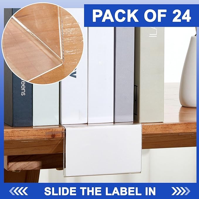 Feifeiya 24 Pcs Acrylic Library Moveable Shelf Label Holders Bulk Talker 5" x 3" Clear Shelf Display Markers Retail Label Tags for Office Home Classroom Office Book Shelve