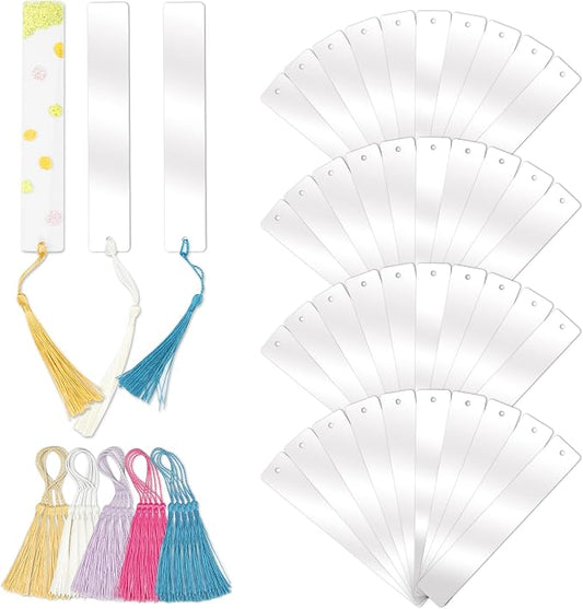 Acrylic Bookmarks Blanks Bulk 80PCS Rectangle Clear Bookmark Plastic Blank 40 Sets with 5 Color Tassels for Vinyl DIY Craft (5.9 * 1.0 inch)