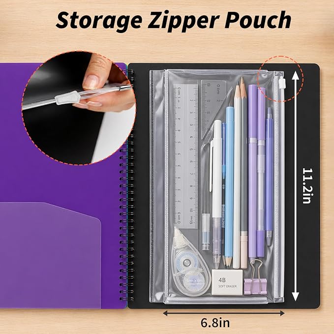 Binditek 3 Pack Plastic Clipboard Folio Folders, 6-Color Dividers with 1/6-Cut Tabs, 12-Pocket Project Organizer, Inner Zipper Pouch, Hardcover Storage Clipboard, Letter-Size, with Sticky Tab Lables
