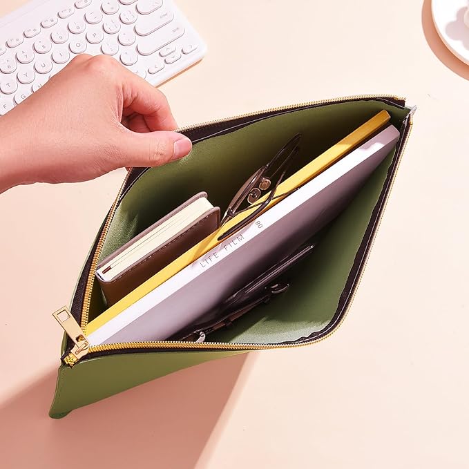 Enyuwlcm PU Leather A4 File Folder Zipper Document Holder Envelope Folder Case for Receipt Contract (1, Green)