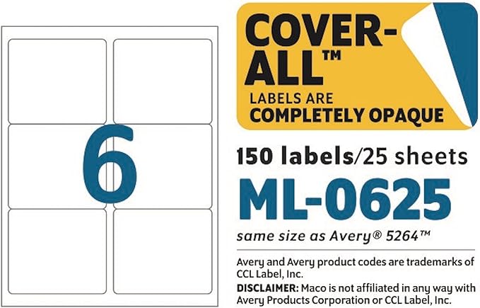 MACO Laser/Ink Jet White COVER-ALL Shipping Labels, 3-1/3" x 4", 6 per Sheet, 150 per Pack (ML-0625)