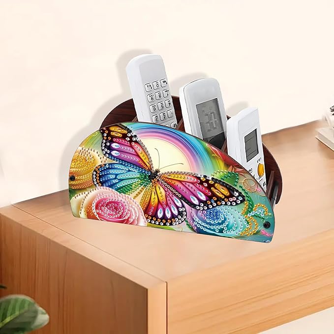 Remote Control Holder with 4 Compartments, DIY Diamond Art Painting Wooden Half Moon TV Control Holder for Remote Controllers, Office Supplies, Makeup Brush, Media Accessories-Butterfly-1
