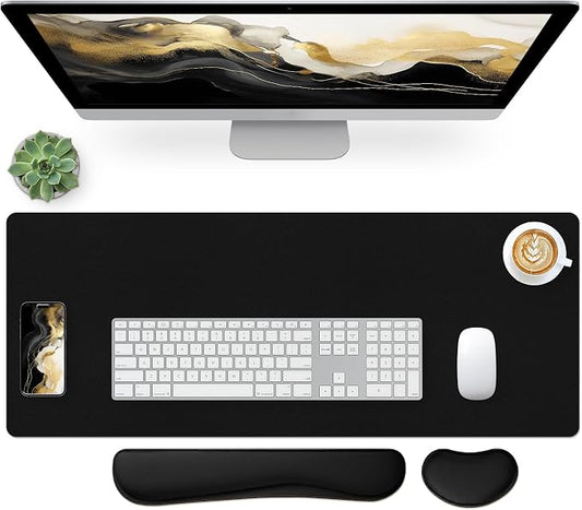 Bloss Leather Desk Pad and Keyboard Wrist Rest, Non-Slip Large Mouse Pad + Keyboard Pad + Mouse Wrist Support, Desk Mat Protector for Office, Home(27.6" x 13.8", Black)