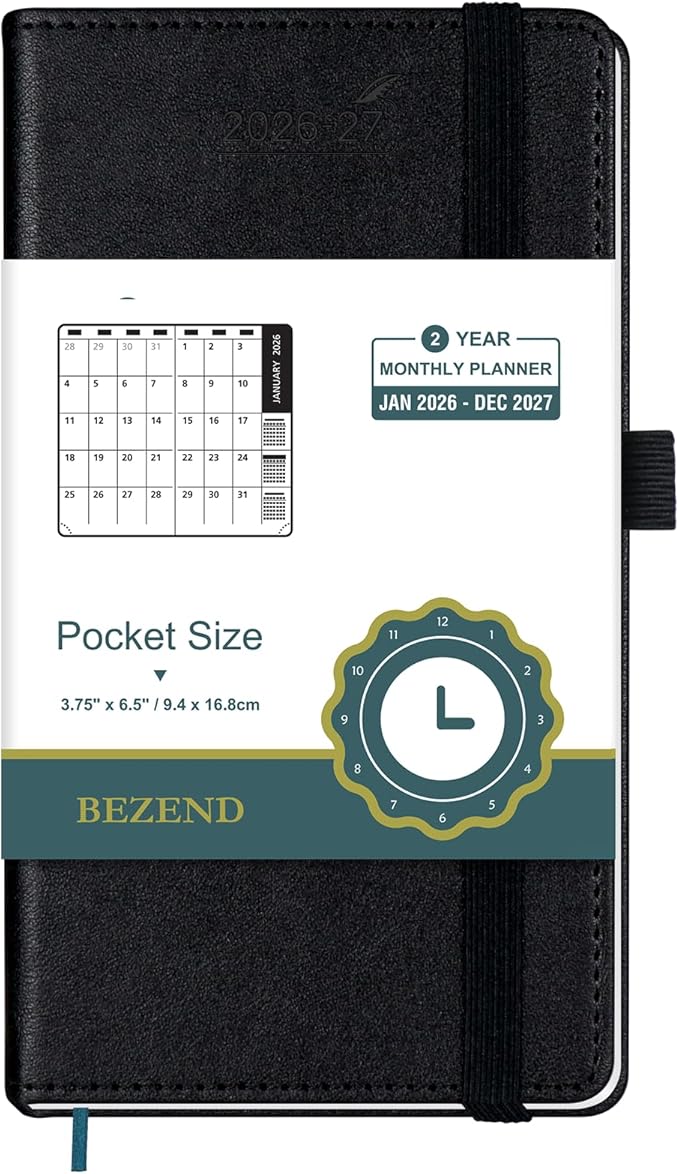 BEZEND Pocket Monthly Planner 2026-2027 (3.5" x 6.5") 2 Year Calendar Book for Purse with Note Pages, 100 GSM Paper, Inner Pocket, Pen Holder, Vegan Leather Hardcover in Black