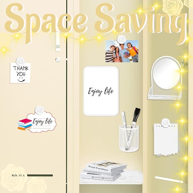 8 Pcs Locker Accessories Kit White Magnetic Mirror, Magnetic Pen Holders, Cute Flower Magnets,Locker Organizer Kit White Locker Accessories for Girls Back to School Essentials