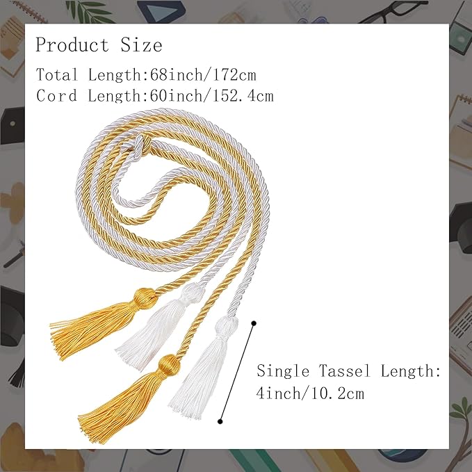 Graduation Double Honor Cords with Tassels Braided Academic Ropes for High School College Ceremony 68 Inch (Gold+White)