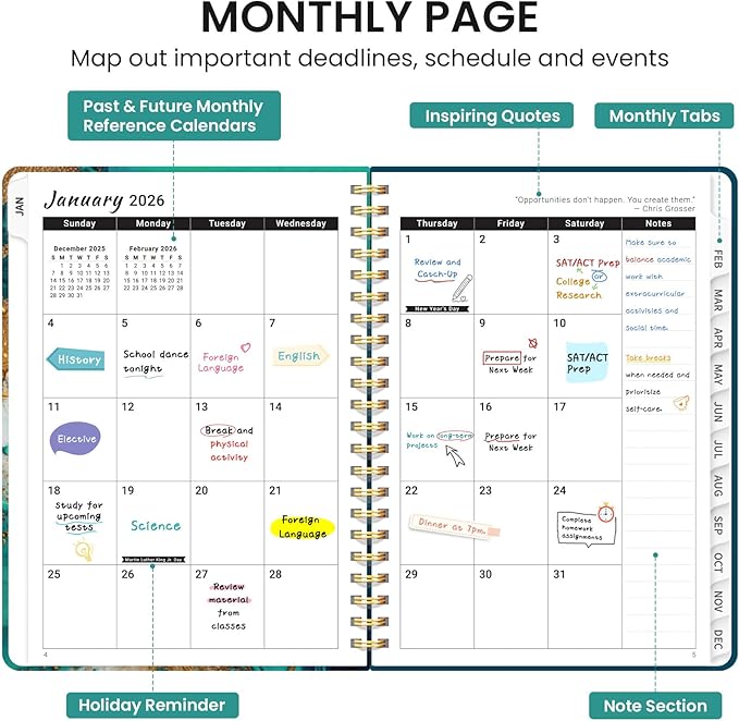 2026 Planner, Monthly and Weekly Calendar Planner for Women, Jan 2026 - Dec 2026, Hardcover Pretty 2026 Agenda Planner Book with Tabs, Spiral Bound, Perfect for School Office Home Supplies, 6.3" x 8.5" - Emerald Shores