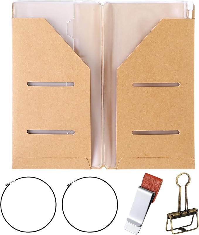 Travelers Journal Notebook Accessories Kit Include Travel Kraft File Folder, Zipper Case, Pen Holder, Binder Clip and Elastic Bands Travel Accessories Supplies(1 Pack,Standard Size)
