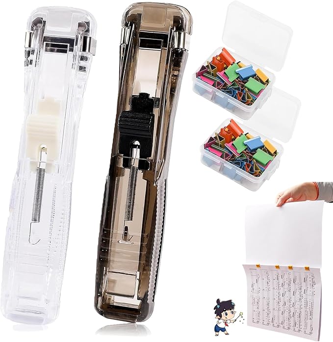 2pake Portable Binder Clip Stapler, Includes 100 Reusable Clips, Handheld Paper Clam Clip Dispenser for Home, School, Desk Office (Mix2)