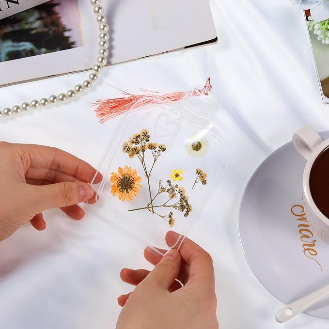 TaoBary 161 Pcs DIY Transparent Dried Flower Bookmark Set Include Clear Bookmarks Dried Flowers Colorful Tassels and Tweezer Handmade Dried Floral Bookmark for Reader Book Bottle(Fresh)