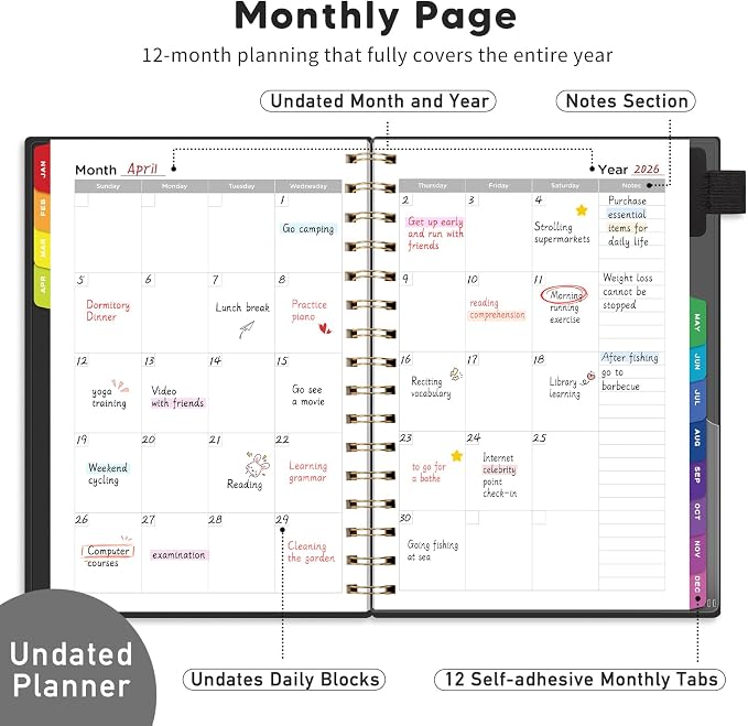 EMSHOI Undated Planner, Weekly and Monthly Calendar, 53 Weeks and 12 Months, A5 (6.38" x 8.35"), 100GSM Thick Paper, PVC Cover, Monthly Tabs, Note Pages, Start Anytime