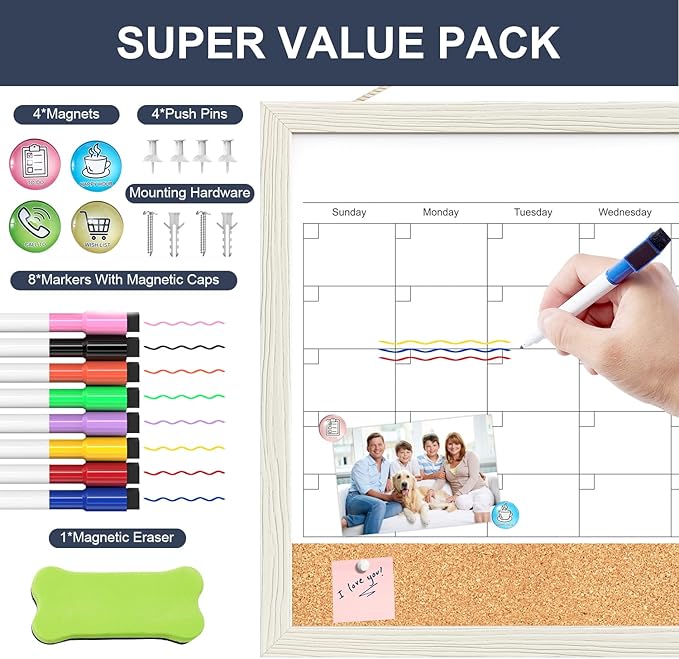 Calendar Whiteboard for Wall, TANKEE 17x13 Inches Whiteboard Calendar Cork Board Combo, Small Magnetic White Board with Wood Framed, Hanging Dry Erase Board for Kitchen Home Office School Planner