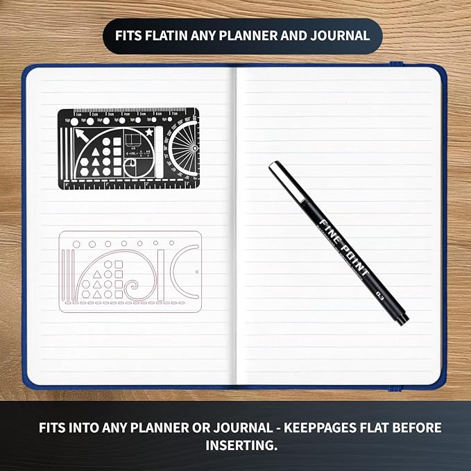 Planner Bullet Journal Stencil,Set Stainless Steel Stencils Metal Bookmark with 3 Fineliner Pens Set,Ruler Conversion, Protractor & Golden Ratio Stencils for Journaling,Bible Study,Sketching & Notes