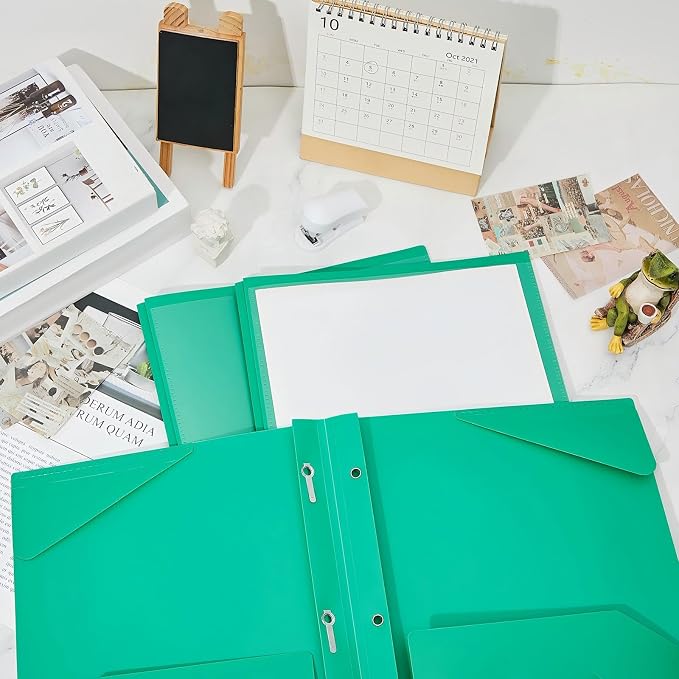 Henoyso 18 Pcs Plastic Folder with Clear Front Pocket and 3 Prong Plastic Folders with Card Slot Pocket Folders with Prongs for School Office (Green)