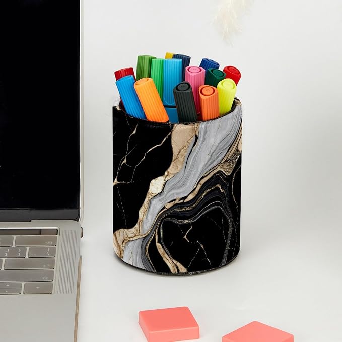 Leather Pen Holder for Desk, Black White Gold Marble Makeup Brushes Holder Pencil Cup Multifunctional Desktop Organizer Caddy for Home School Office Desk Accessories