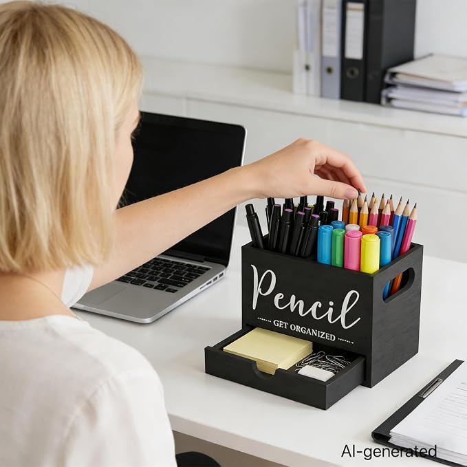 Pencil Holder with 1 Drawer, Multi-Functional Pen Holder for Desk, Desk Organizers and Accessories with 2 Compartments, Desktop Organizer for Office Home Art Supplies(Black)