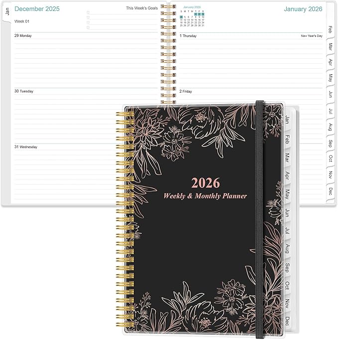 2026 Planner - 8.5" x 11" Weekly Monthly Planner from January 2026 to December 2026, Planner 2026 with 12 Monthly Tabs, Inner Pocket, Elastic Closure, Black Flowers