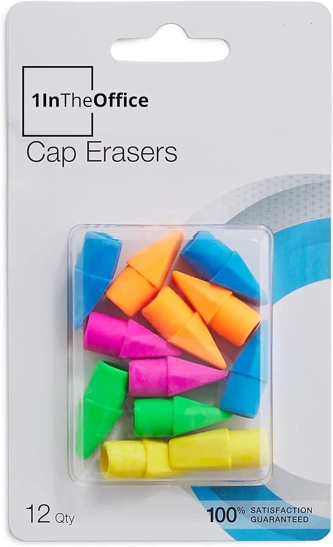 1InTheOffice Pencil Cap Erasers, Assorted Colors, Arrowhead Caps Tops Eraser, Eraser Cap for Art, School, Office Use, and Classroom Set, 12 Pack (Assorted Colors, 12 Pack)