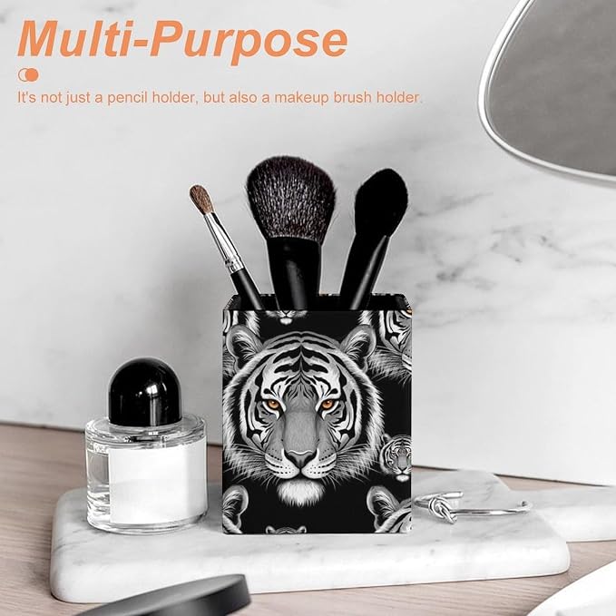 Holder Cup Makeup Brush Storage Organizer, Waterproof Multifunctional Office Supplies, Pen Holder Square Leather Pencil Animal Tiger Black