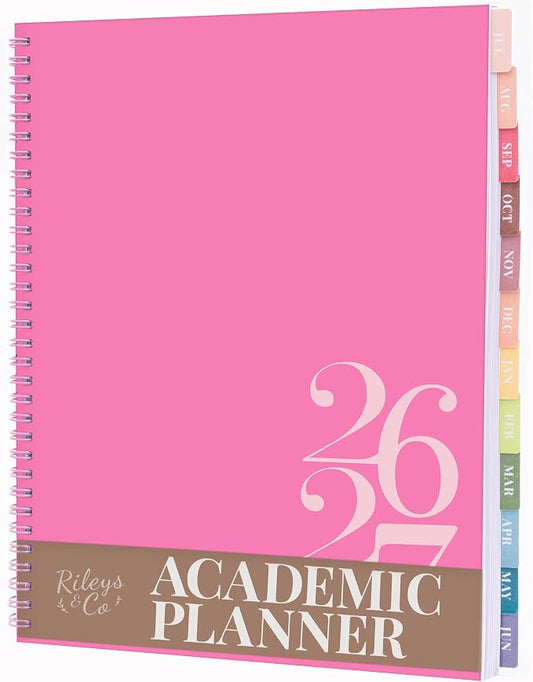 Rileys Academic Planner 2026-2027, Daily, Weekly & Monthly Planner, July 2026 - June 2027, Student Notes Pages, Twin-Wire Binding, Weekly Agenda for School & Work (8.5 x 11-Inches, Classic, Pink)