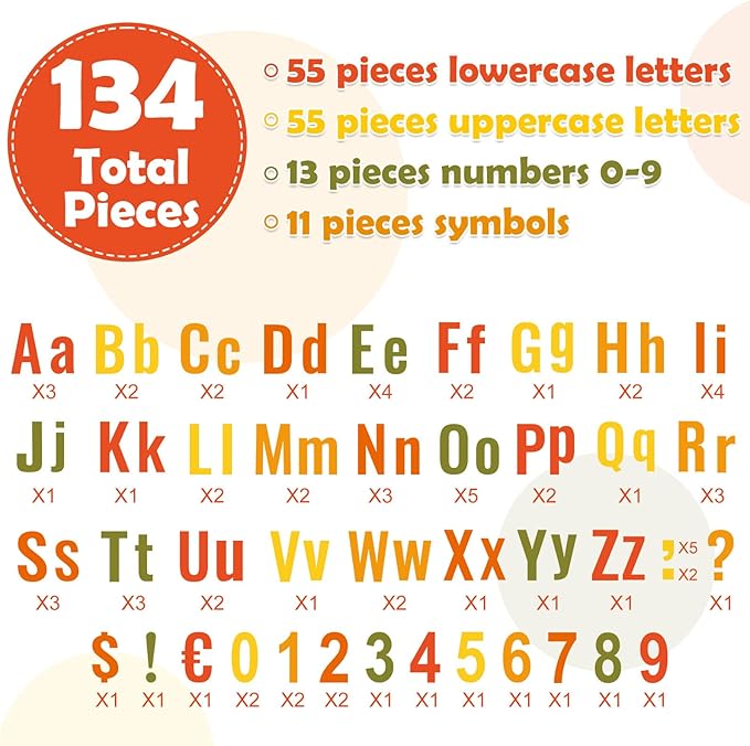FYSUIMU 134 Pcs Fall Bulletin Board Letters Autumn Colored Alphabet Number Symbol Paper Cutouts Thanksgiving Decoration Letters Combo Set with 200 Pcs Glue Points for Home Classroom Party