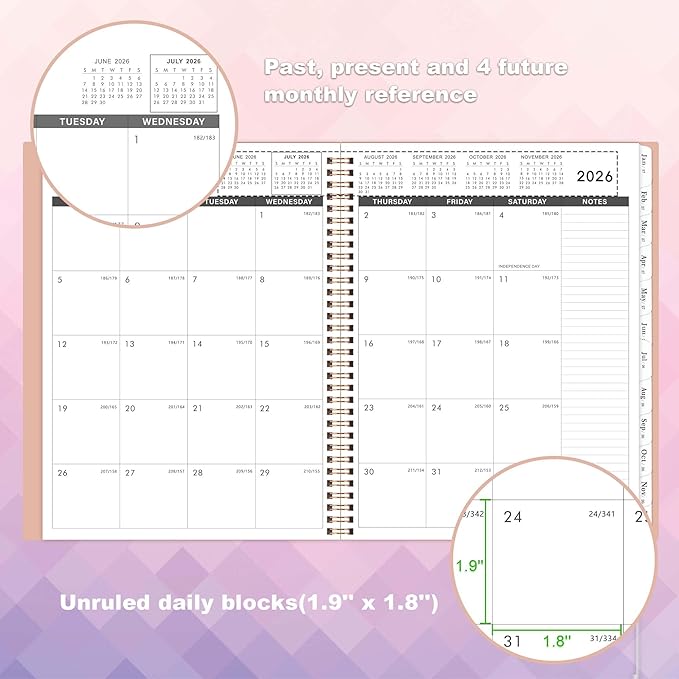 Monthly Planner 2026-2027 - JUL 2026 - DEC 2027 Planner 9" x 11", 18 Monthly Planner/Calendar with Tabs, Pocket, Label, Contacts and Passwords - Twin-Wire Binding (Pink Cover, Waterproof Design)