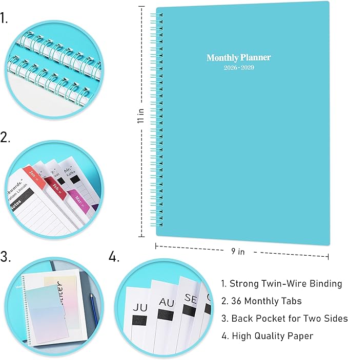 2026-2029 Monthly Planner/Calendar - 3 Year Monthly Planner 2026-2029, Jul. 2026 - Jun. 2029, 9'' x 11'', Calendar Planner with 36 Months Tabs, Double-Side, Holidays - Green
