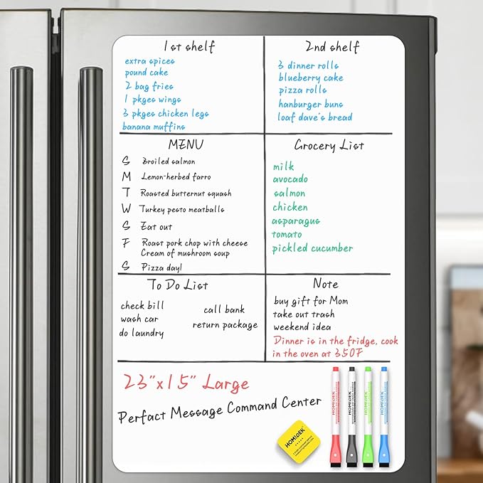 HOMiDEK Magnetic Whiteboard for Fridge, Refrigerator Dry Erase Board, Small White Board with 4 Markers and 1 Eraser, 23 x 15 Inches