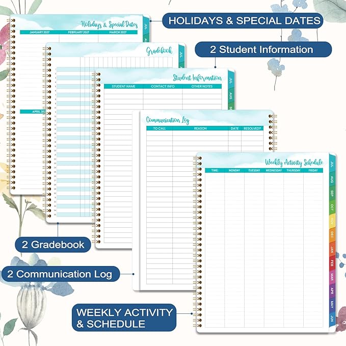 Teacher Planner 2026-2027 - Teacher Lesson Planner 2026-2027, 8.5”x11”, July 2026 - June 2027, Teacher Planner Academic Year, Colorful Monthly Tabs, Holidays, Pocket - Floral