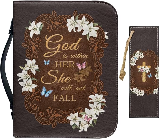 Retro Style Lily and Cross Bible Case with Bookmark Waterproof Bible Cover Case for Women Lightweight Bible Bag with Handle Pockets Church Book Bag Grey