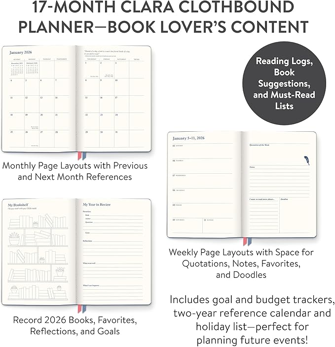Orange Circle Studio Academic Planner 2025-2026, Fully Booked Clara, 17-Month August 2025 to December 2026, 8.75" x 6.2", Monthly & Weekly Planner, Goal & Budget Trackers, Textured Cloth Cover with Ribbon Markers