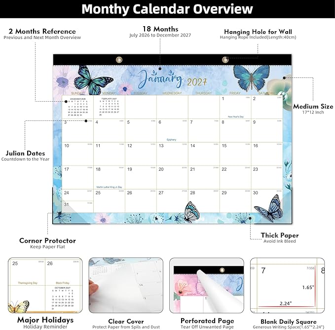 Tcamp Desk Calendar 2026-2027, Large Desktop/Wall Monthly Calendar (Jul. 2026 - Dec. 2027) 17'' x 12'' School Year Wall Desk Planner for Teacher Family School Office Supplies (Butterflies)