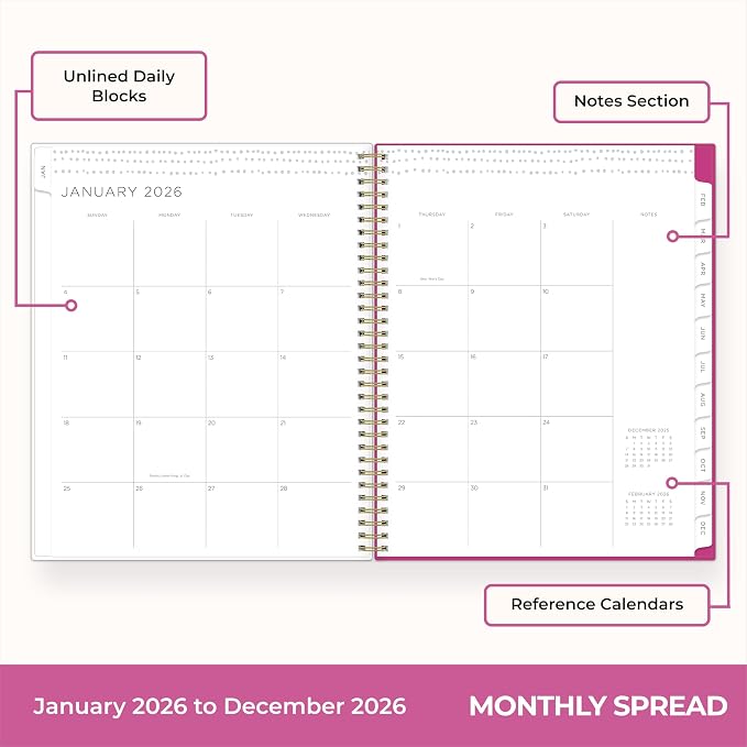Blue Sky Kelly Ventura 2026 Weekly and Monthly Planner Calendar, January 2026 - December 2026, 8.5" x 11", Flexible Cover, Laminated Tabs, Durable Twin Wire Binding, Storage Pocket, Magenta Blooms